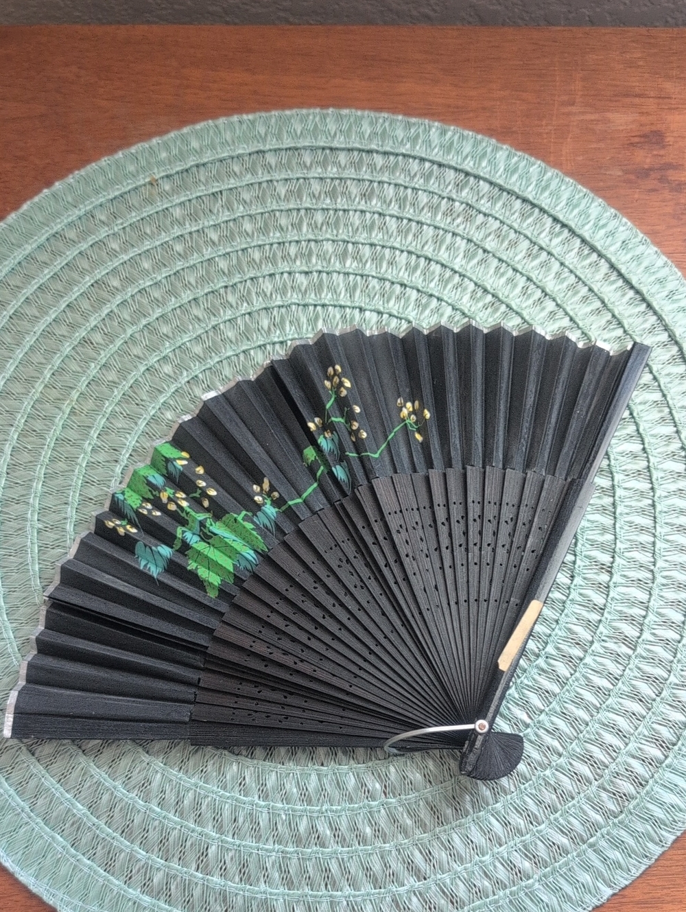 Vintage Black Folding Hand Fan with Green Floral Accent